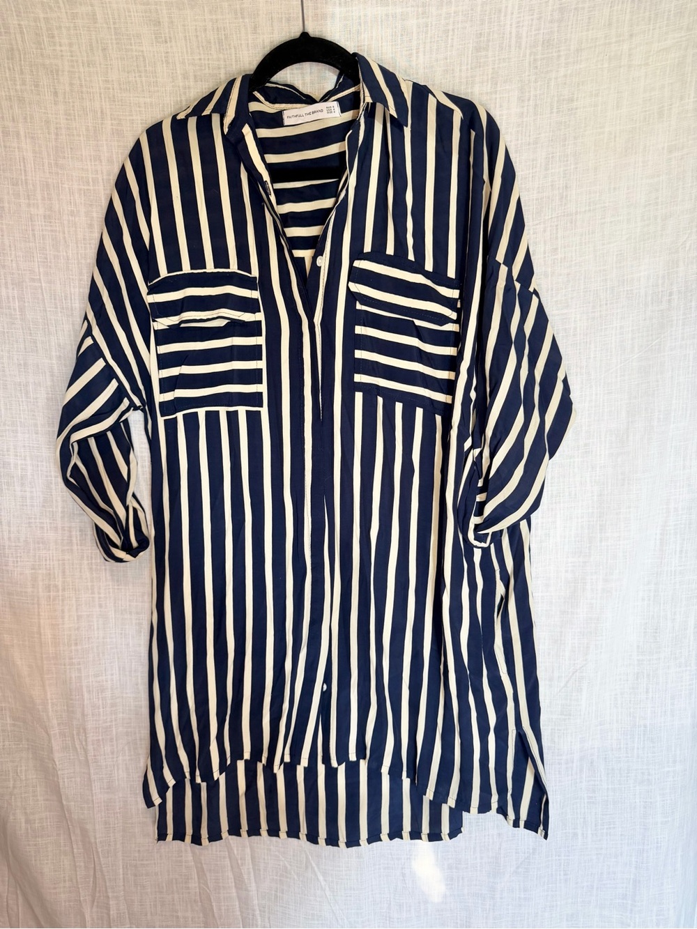 Faithfull the Brand Baia Striped Oversized Shirt Dress High Low Navy Cream S